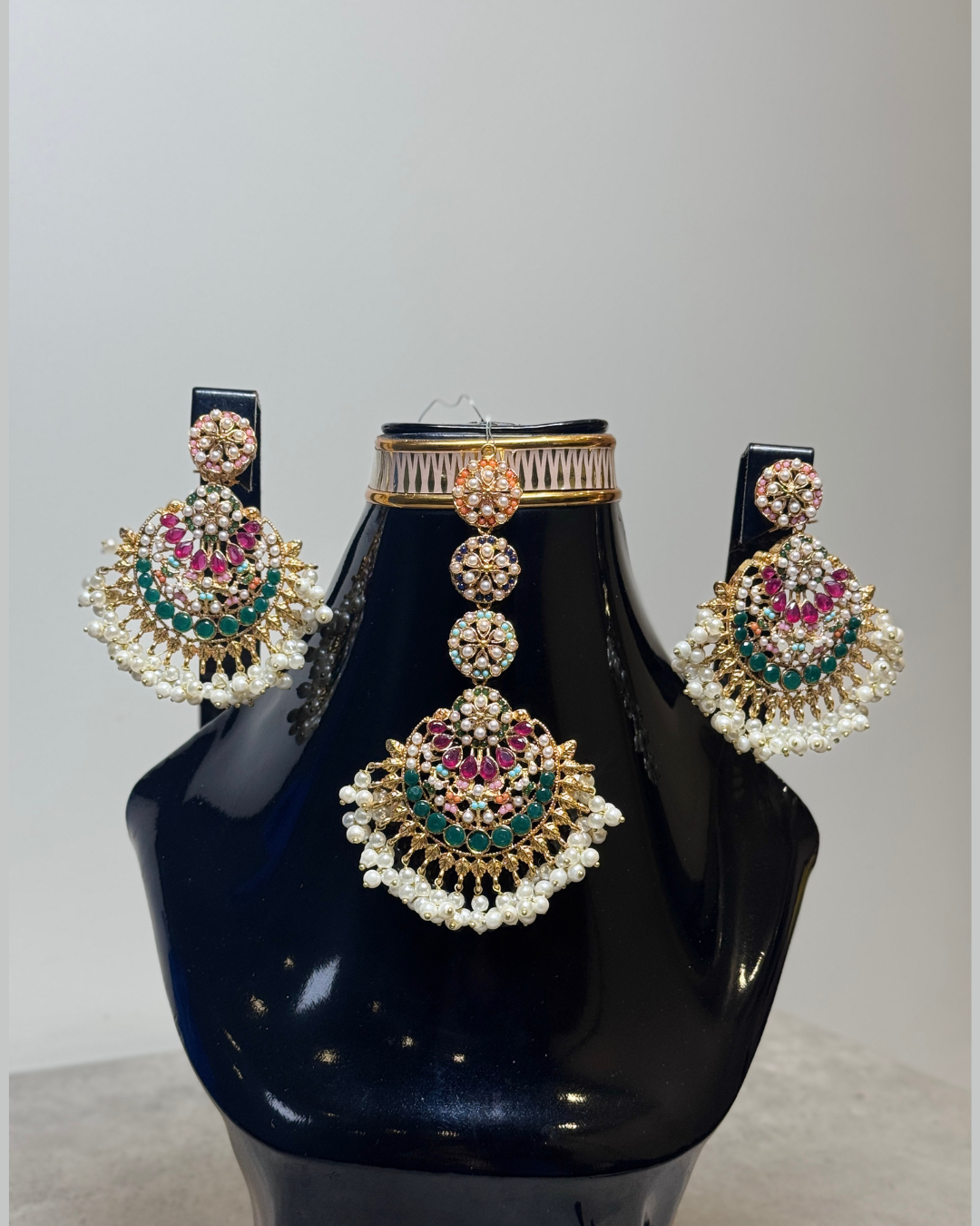 Multicolor Pastel Crystal and Faux Pearl Tikka Set