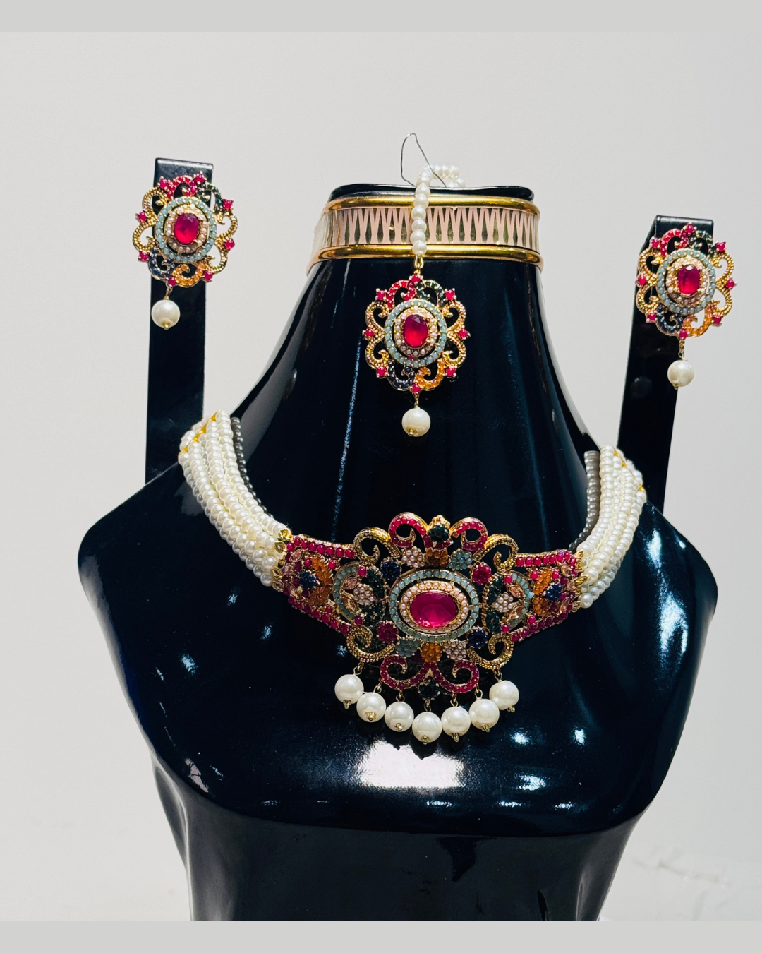 Multicolor Statement Choker Necklace, Earrings and Tikka Set