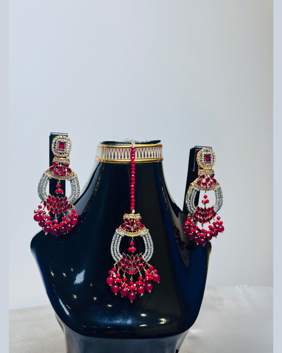 Ruby Red Statement Earring & Maang Tikka Set