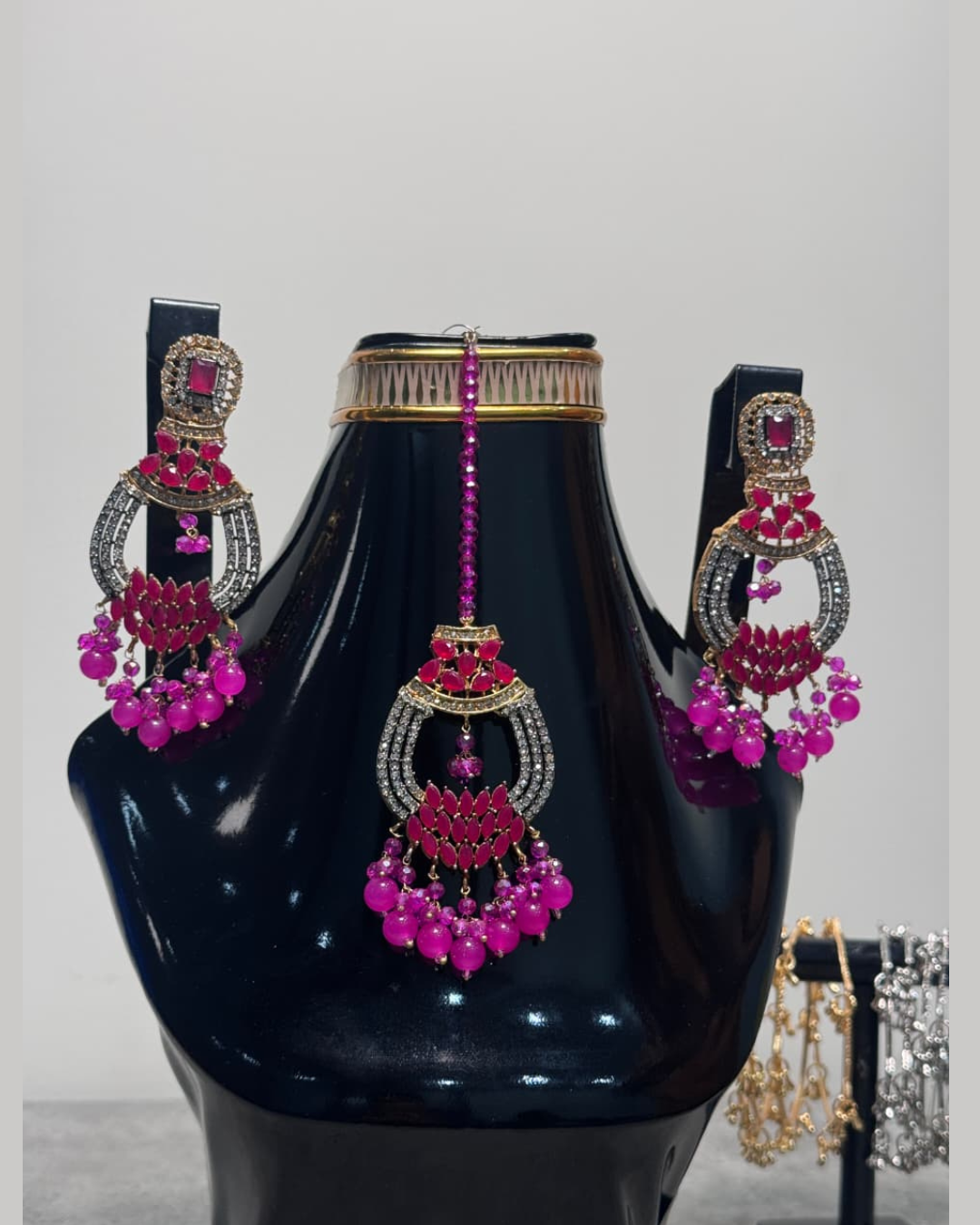 Hot Pink Crystal Statement Earrings and Tikka Set