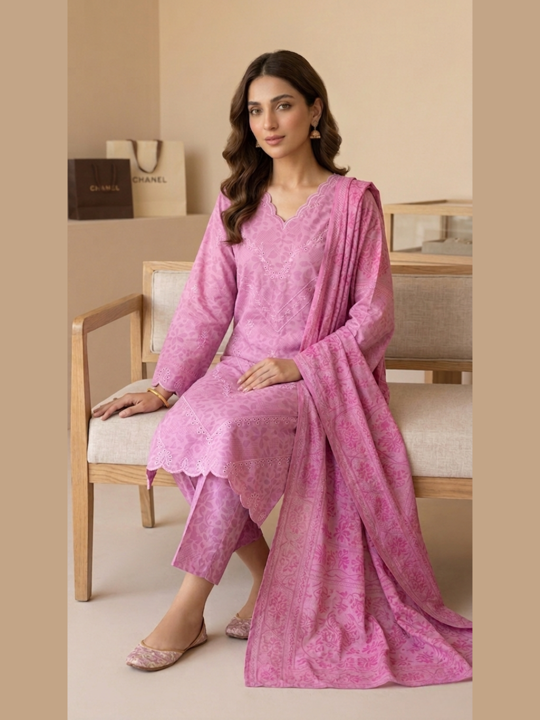 Petal Pink – Scalloped Chikankari 3-Piece Suite