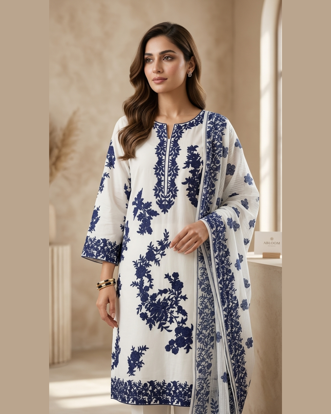 Midnight Bloom – Off-White & Navy Blue Embroidered 3-Piece Lawn Suite