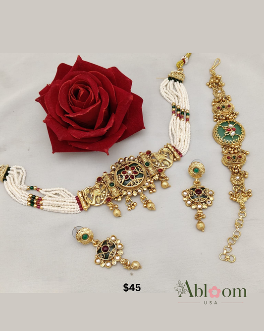 Traditional Pearl Necklace Earrings & Tikka Set for Women | Ethnic Bridal Jewelry | Wedding & Festive Jewelry
