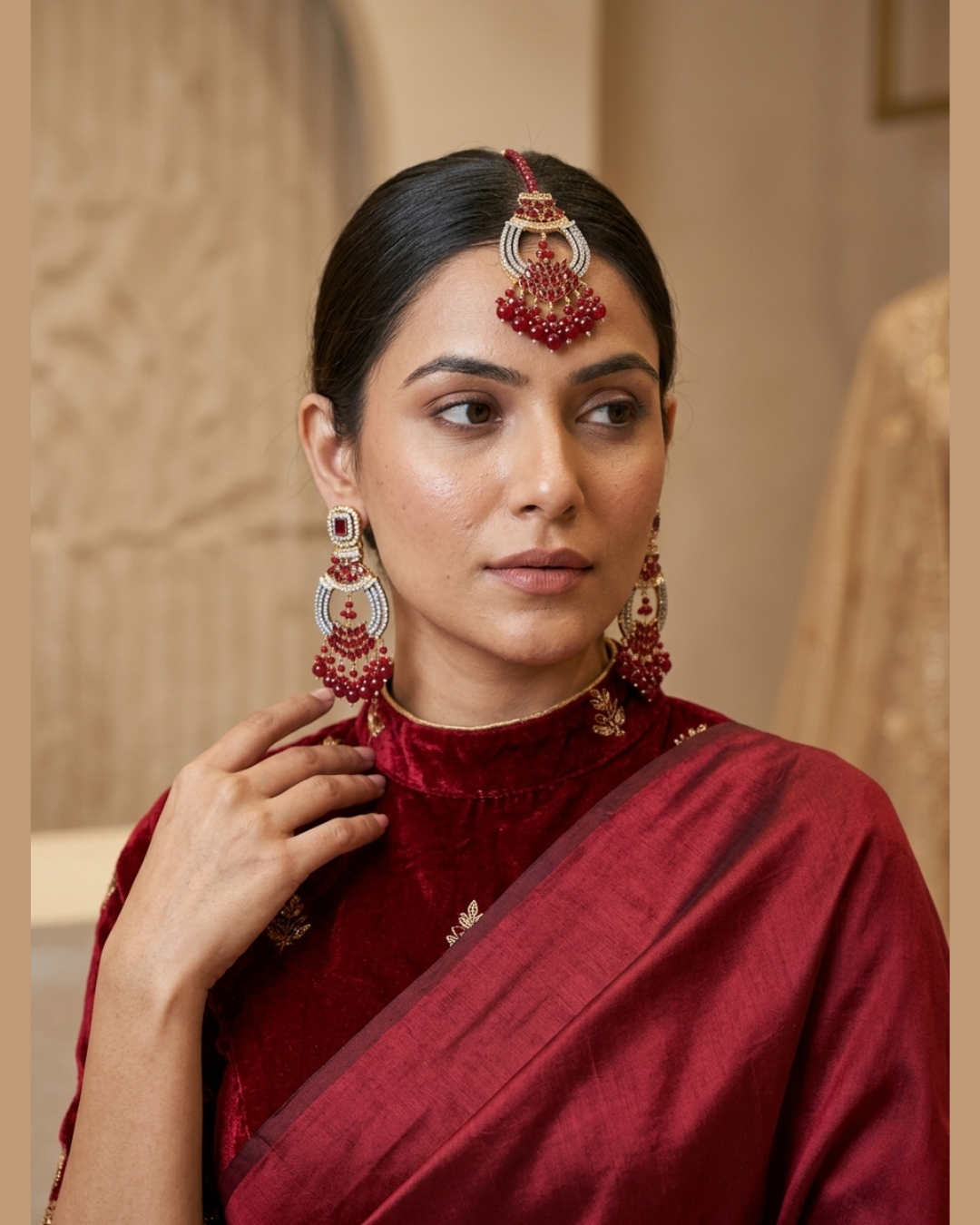 Ruby Red Statement Earring & Maang Tikka Set