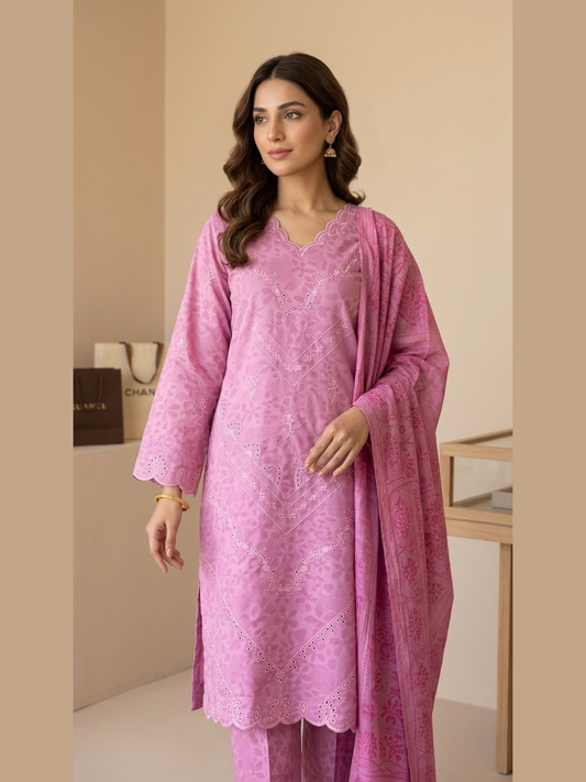 Petal Pink – Scalloped Chikankari 3-Piece Suite
