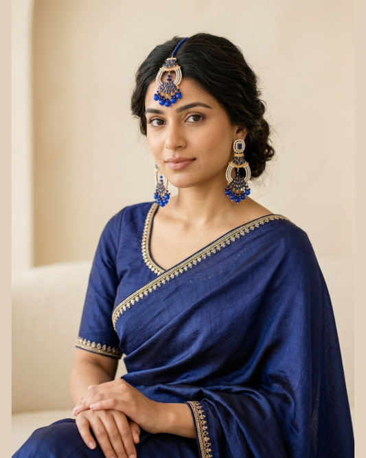 Cobalt Blue Crystal Statement Earrings and Tikka Set