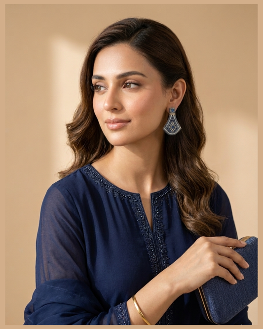 Navy Blue Crystal Geometric Statement Drop Earrings