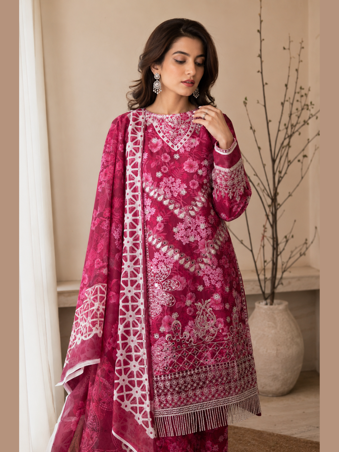 Fuchsia Garden – Floral Print & Fringe Lace 3-Piece Suite