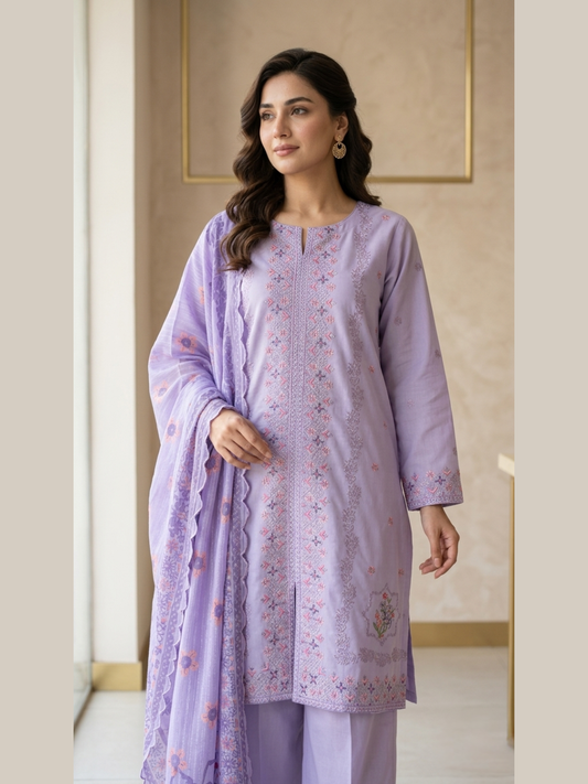Lavender Mist – Scalloped Embroidery 3-Piece Suite