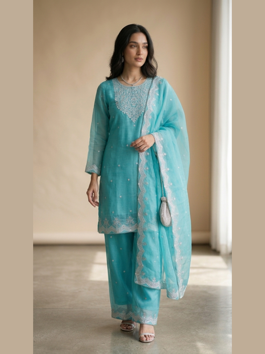 Ocean Breeze – Silver Embroidered Festive 3-Piece Suite