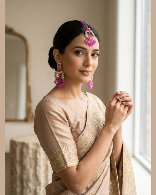 Hot Pink Crystal Statement Earrings and Tikka Set