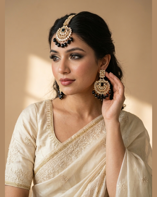 Onyx Black Crystal Statement Earrings and Tikka Set