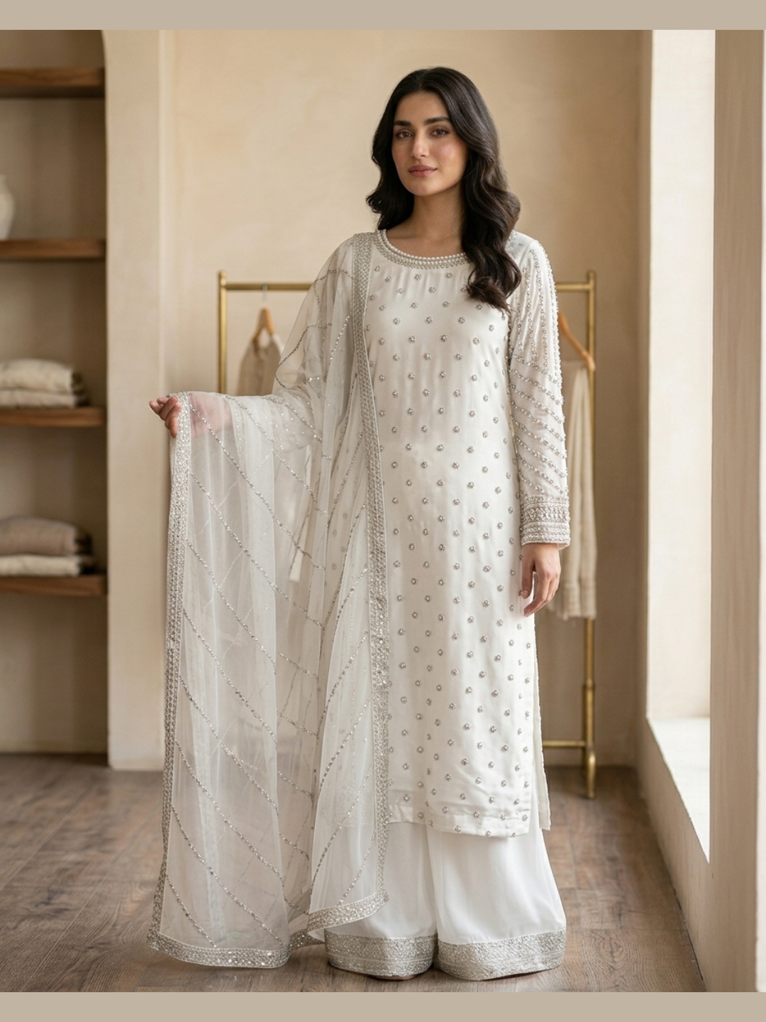 Ivory Pearl Embellished 3-Piece Sharara Set