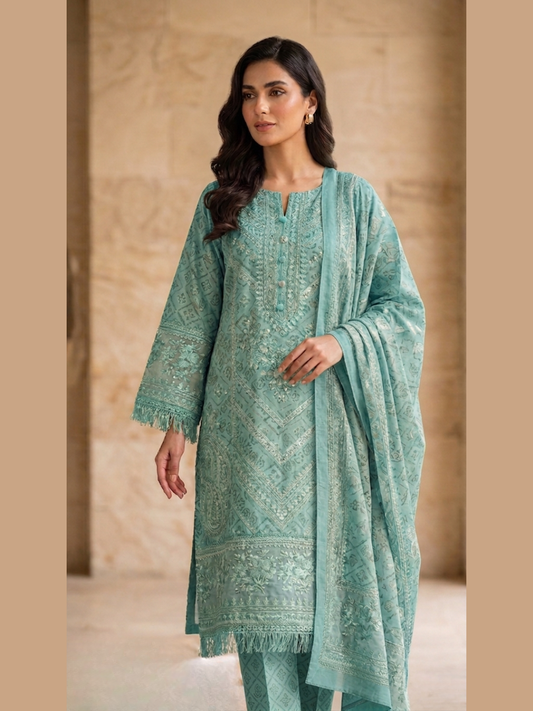 Emerald Grace – Embroidered 3-Piece Festive Suite