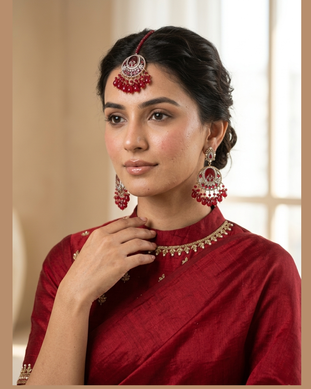 Crimson Red Crystal Statement Earrings and Tikka Set