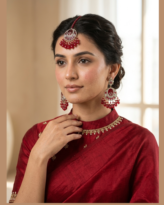 Crimson Red Crystal Statement Earrings and Tikka Set