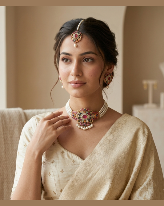Multicolor Statement Choker Necklace, Earrings and Tikka Set
