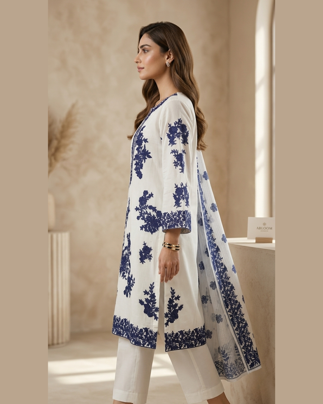 Midnight Bloom – Off-White & Navy Blue Embroidered 3-Piece Lawn Suite