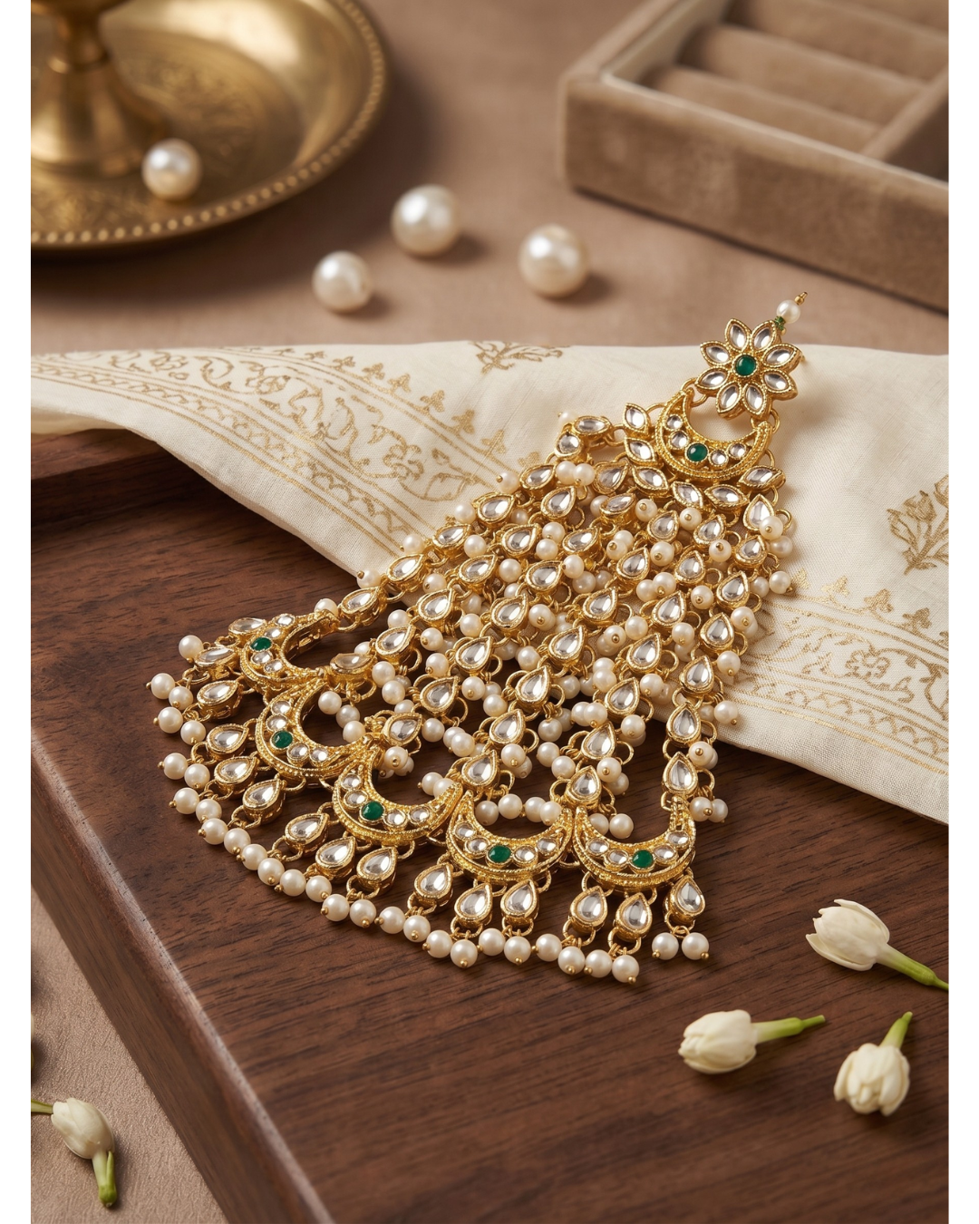 Emerald and Pearl Statement Jhumar Passa Hair Accessory