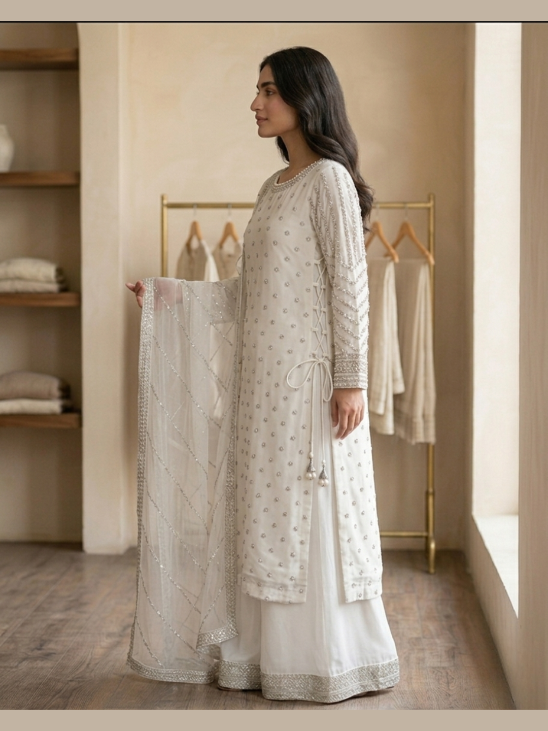 Ivory Pearl Embellished 3-Piece Sharara Set
