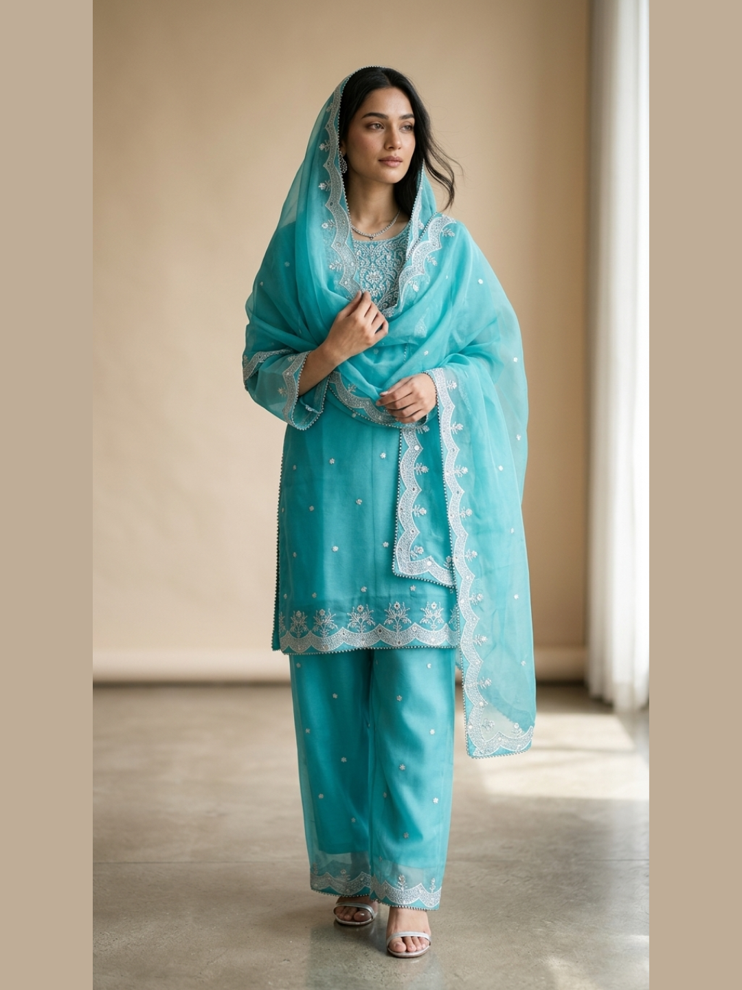 Ocean Breeze – Silver Embroidered Festive 3-Piece Suite