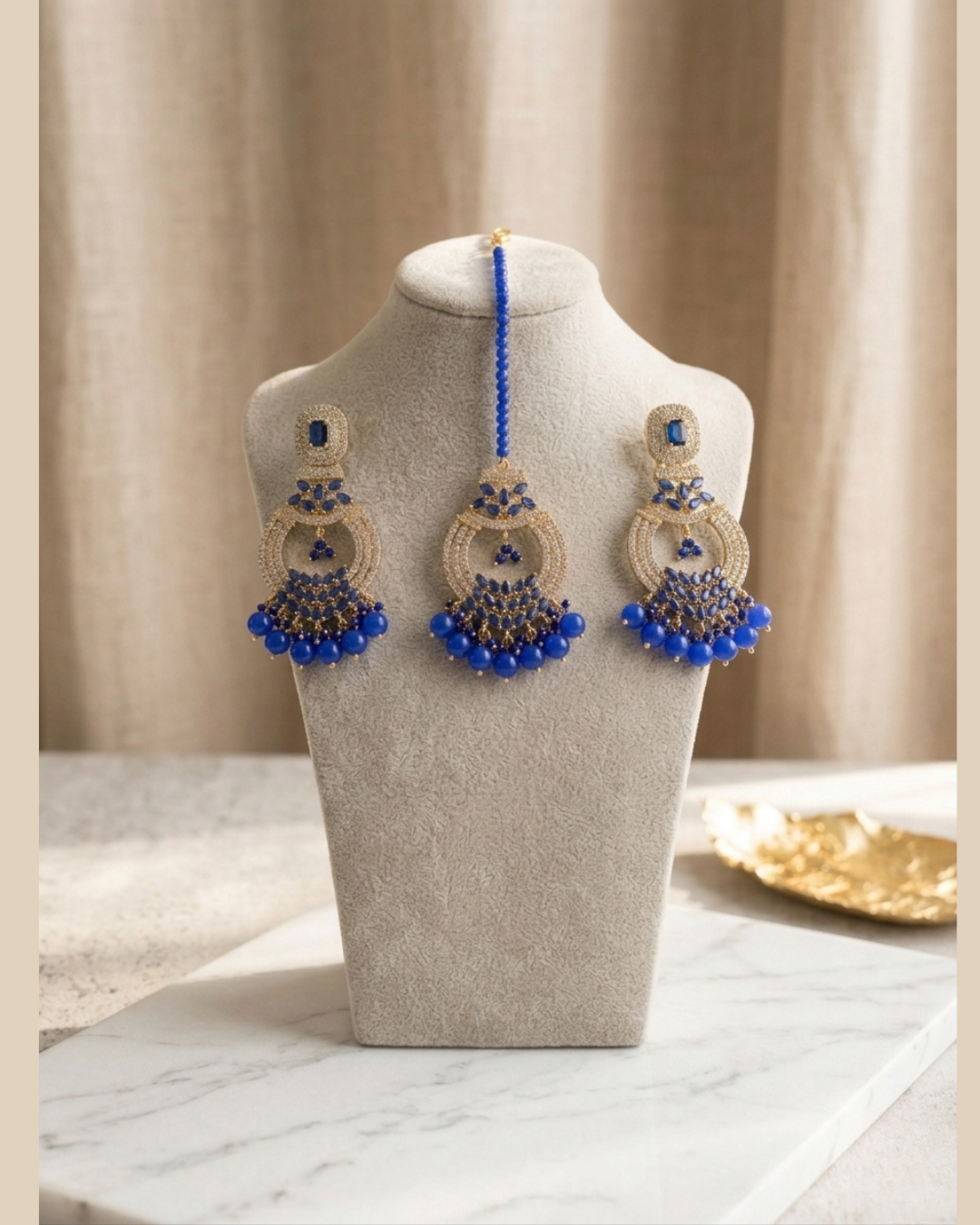 Cobalt Blue Crystal Statement Earrings and Tikka Set