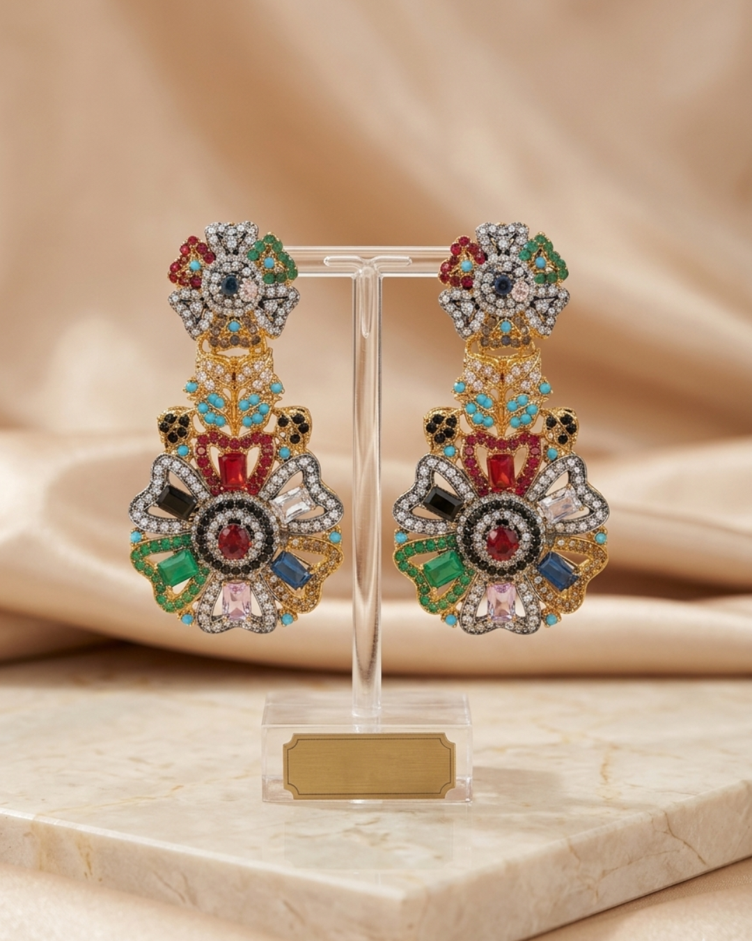 Multicolor Crystal Floral Statement Drop Earrings