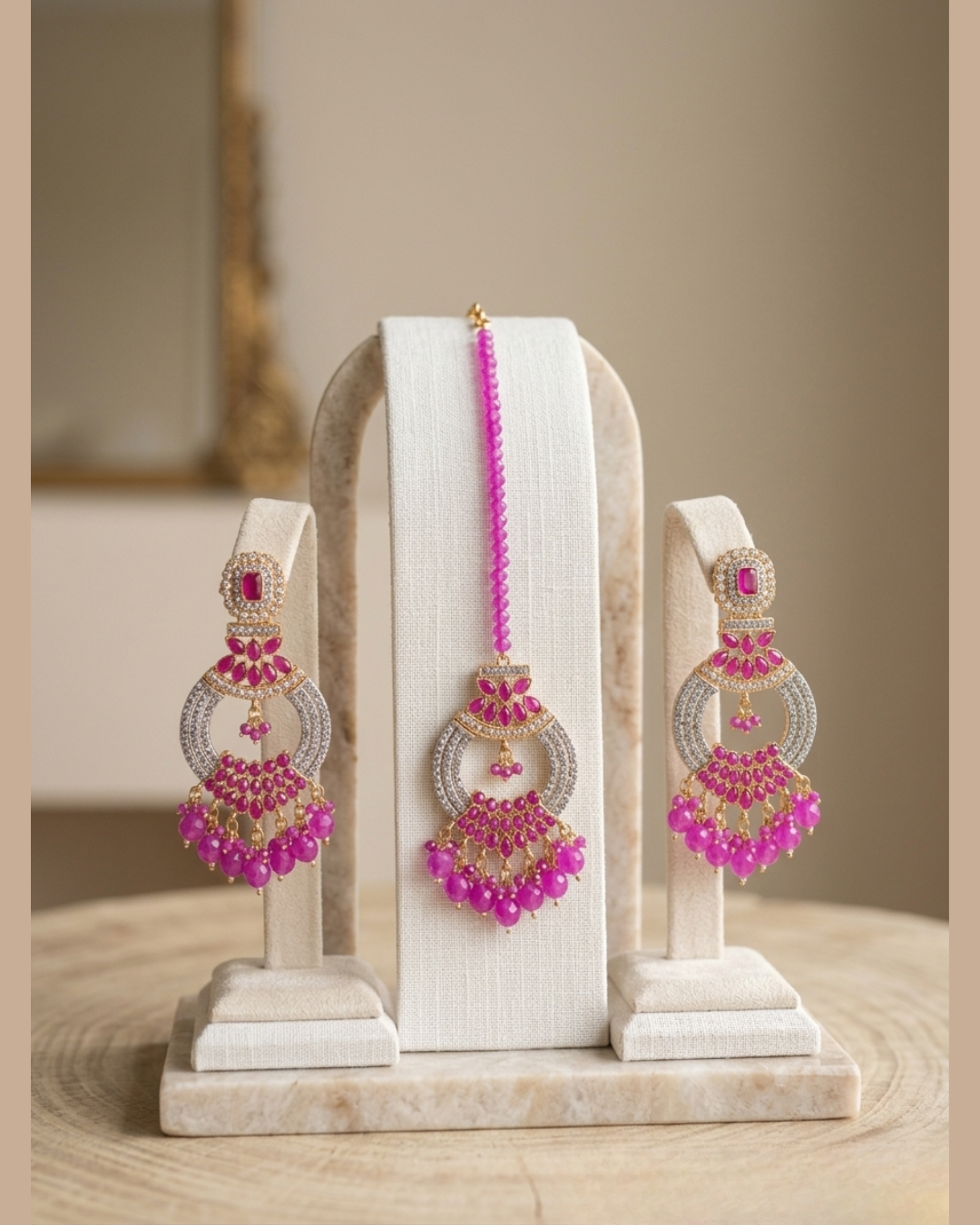 Hot Pink Crystal Statement Earrings and Tikka Set