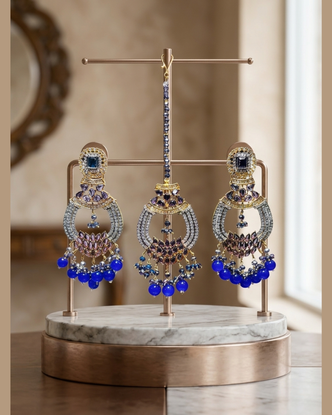 Royal Blue Crystal Statement Earrings and Tikka Set