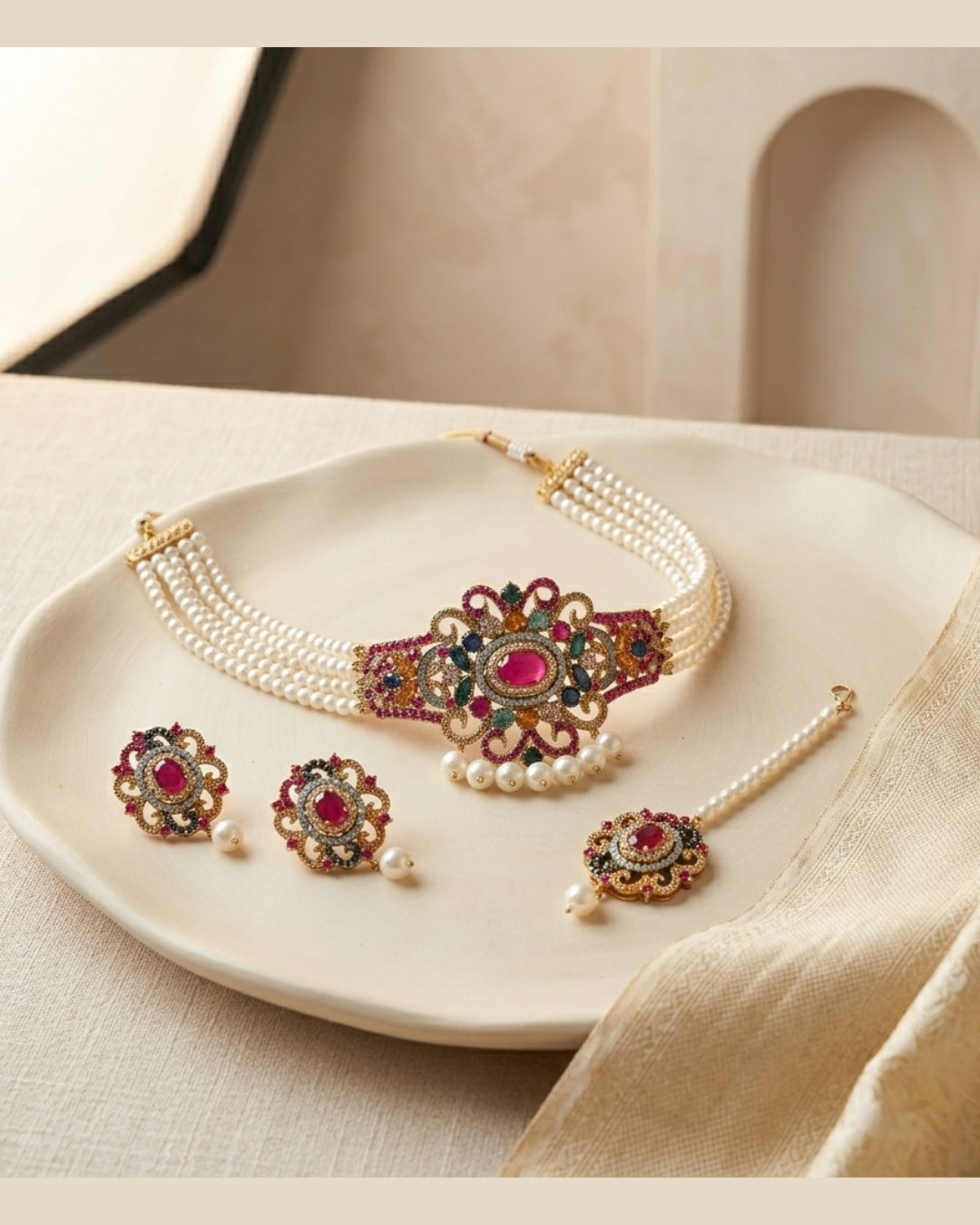 Multicolor Statement Choker Necklace, Earrings and Tikka Set