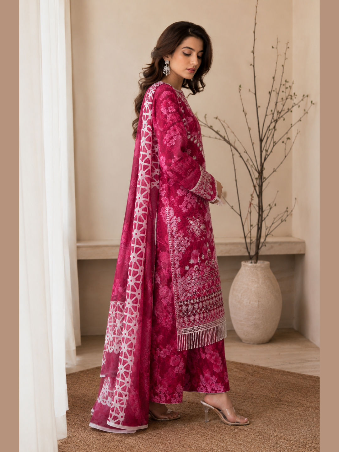 Fuchsia Garden – Floral Print & Fringe Lace 3-Piece Suite