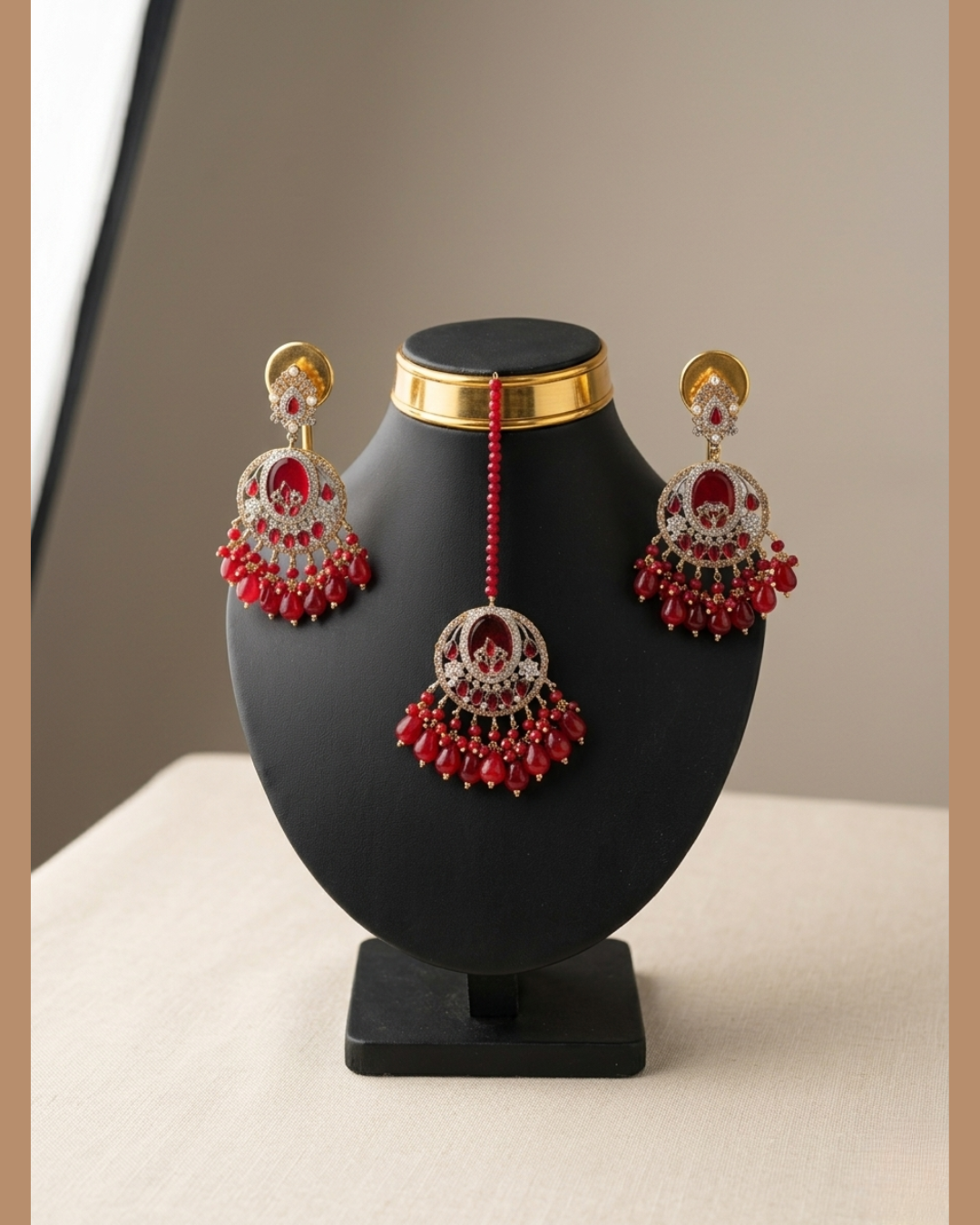Crimson Red Crystal Statement Earrings and Tikka Set