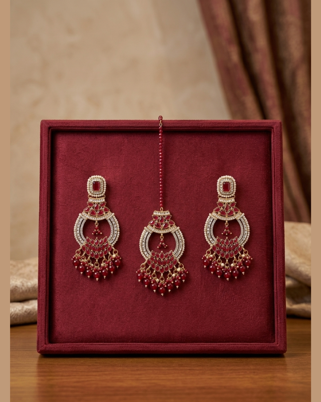 Ruby Red Statement Earring & Maang Tikka Set
