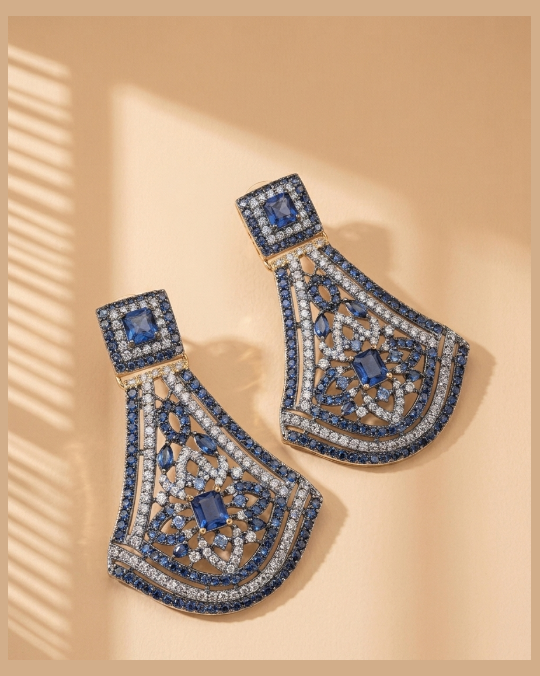 Navy Blue Crystal Geometric Statement Drop Earrings
