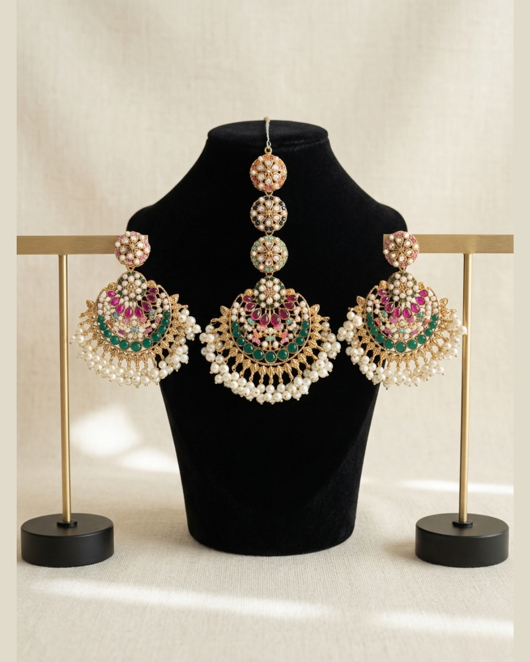 Multicolor Pastel Crystal and Faux Pearl Tikka Set