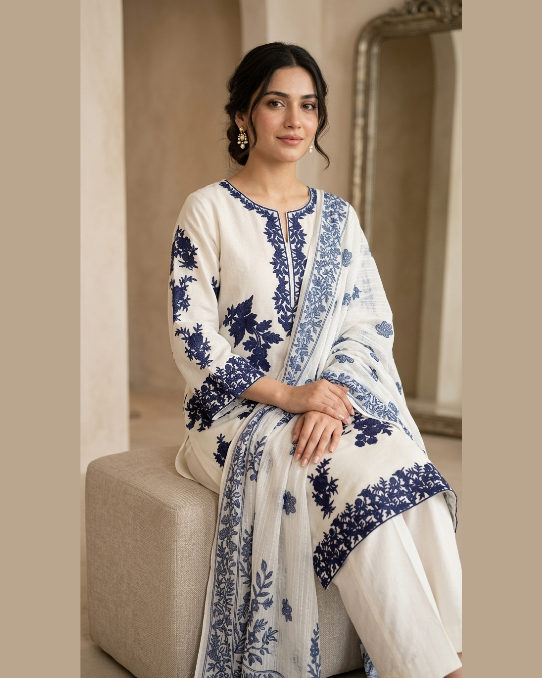 Midnight Bloom – Off-White & Navy Blue Embroidered 3-Piece Lawn Suite