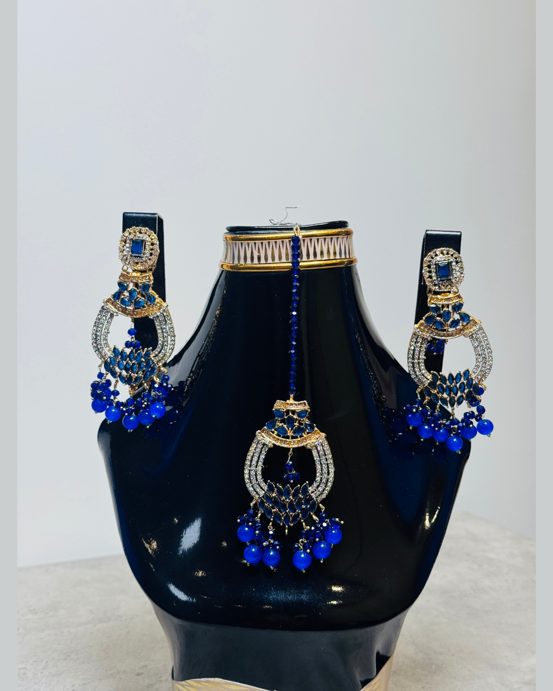 Cobalt Blue Crystal Statement Earrings and Tikka Set