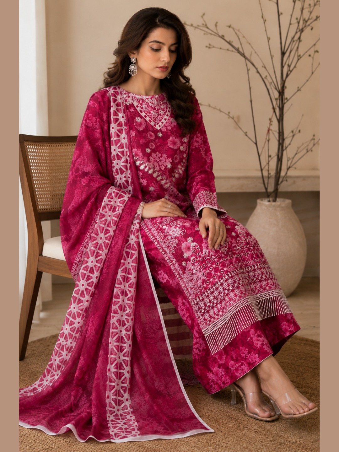 Fuchsia Garden – Floral Print & Fringe Lace 3-Piece Suite