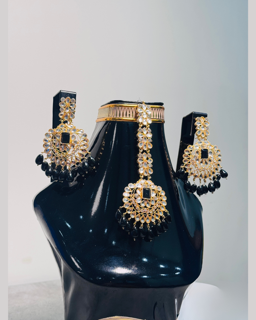 Onyx Black Crystal Statement Earrings and Tikka Set