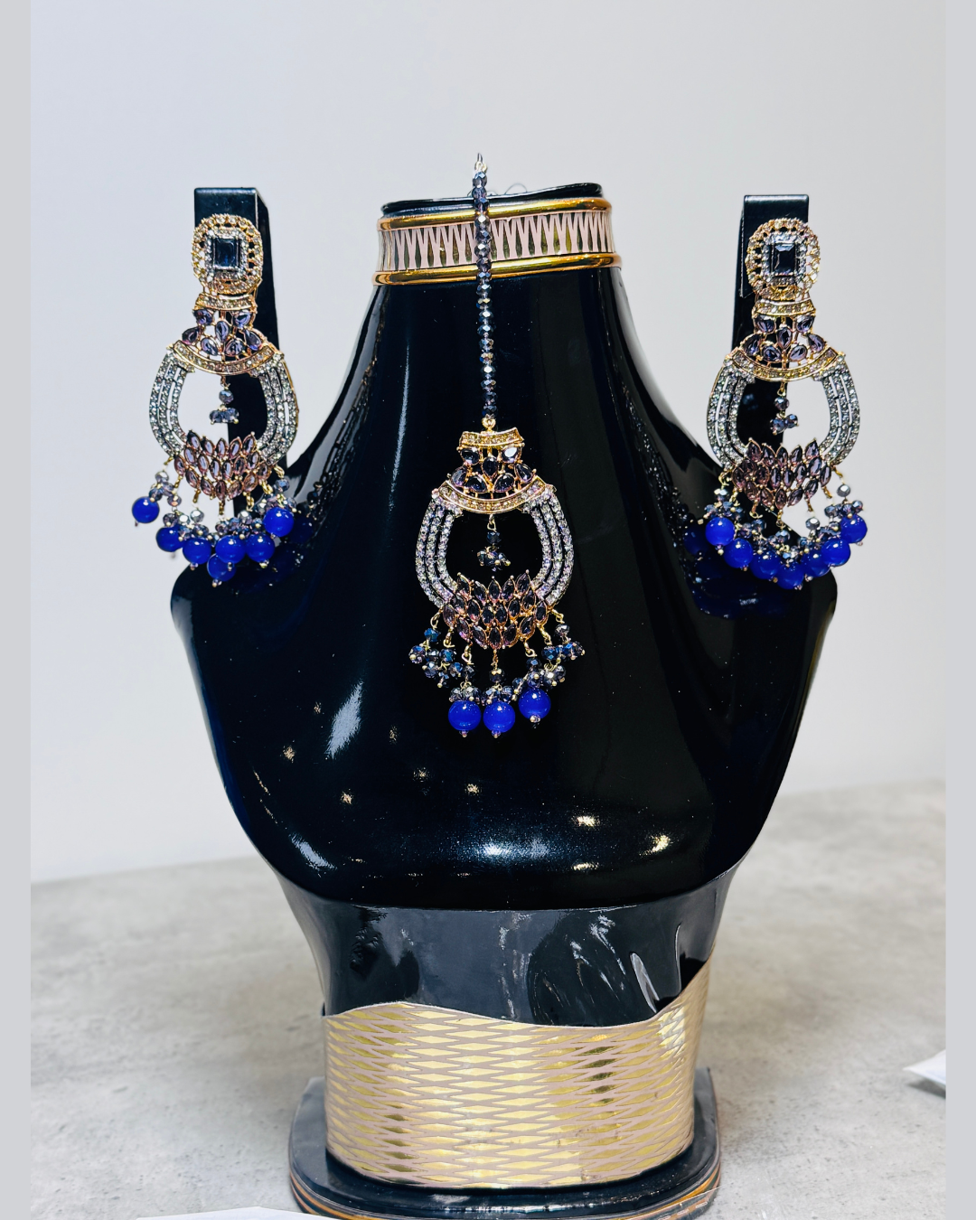 Royal Blue Crystal Statement Earrings and Tikka Set