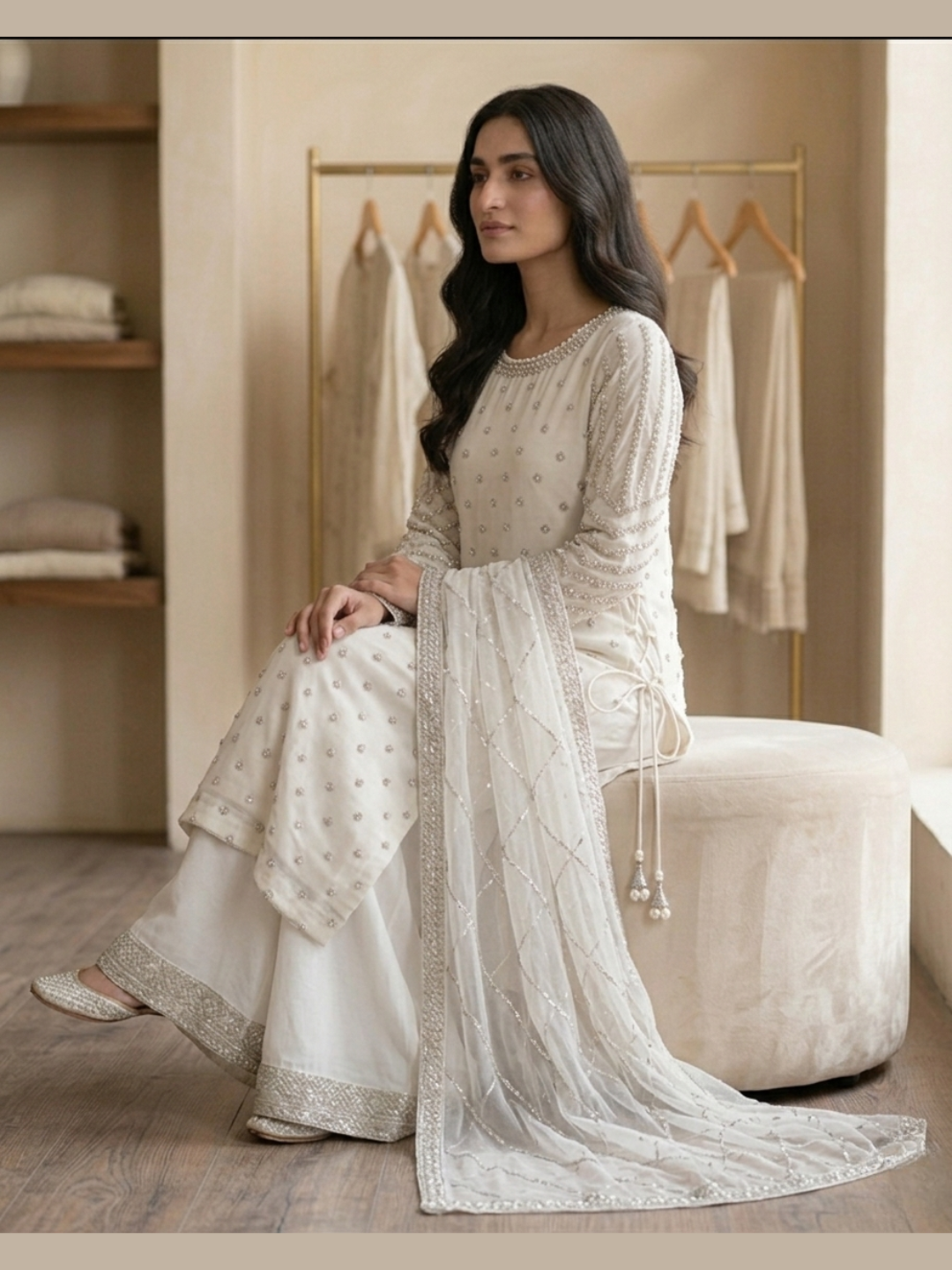 Ivory Pearl Embellished 3-Piece Sharara Set