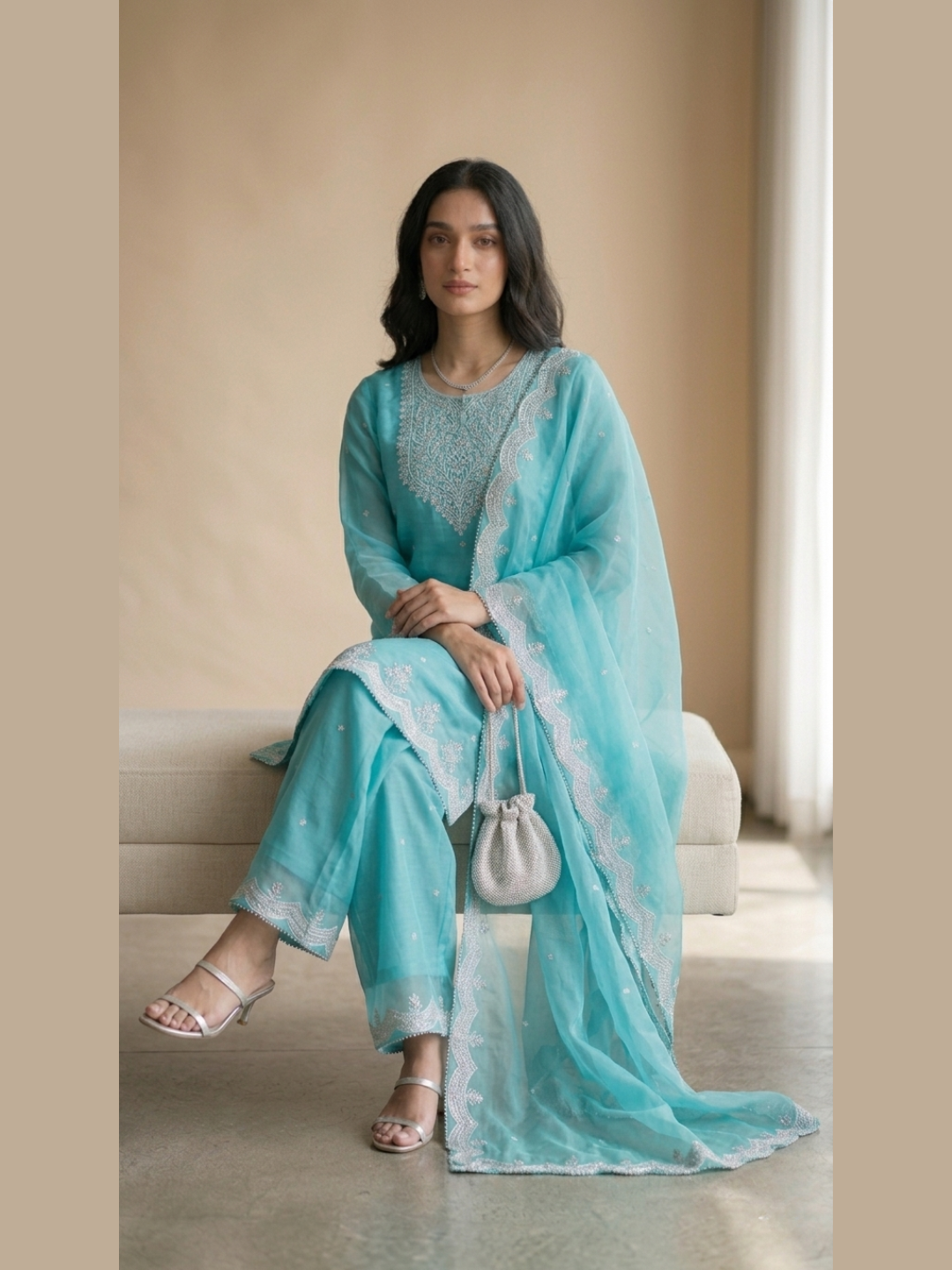Ocean Breeze – Silver Embroidered Festive 3-Piece Suite