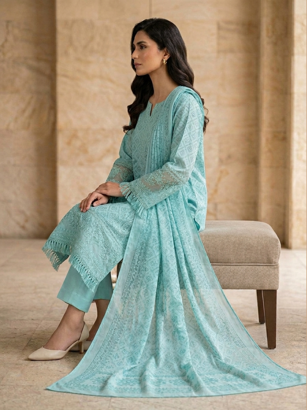 Emerald Grace – Embroidered 3-Piece Festive Suite