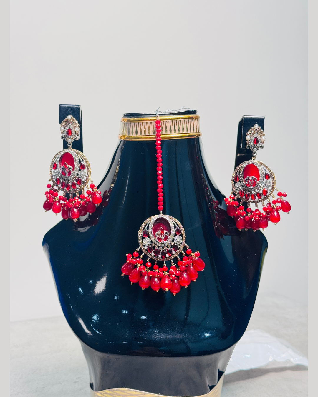 Crimson Red Crystal Statement Earrings and Tikka Set