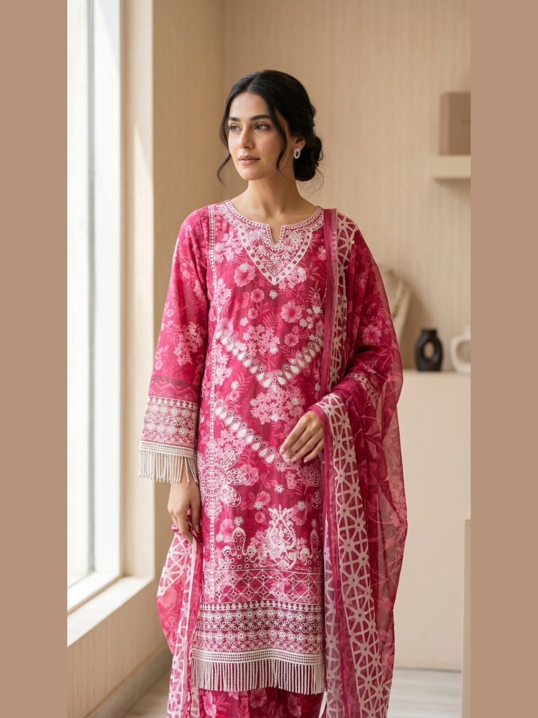 Fuchsia Garden – Floral Print & Fringe Lace 3-Piece Suite