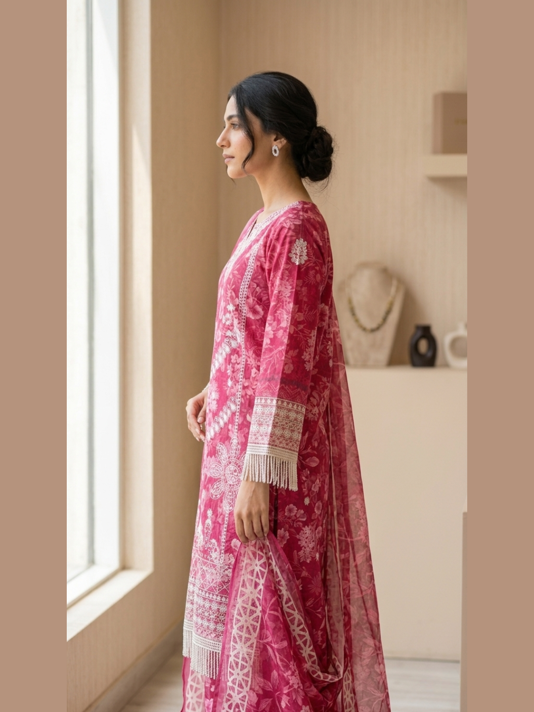 Fuchsia Garden – Floral Print & Fringe Lace 3-Piece Suite