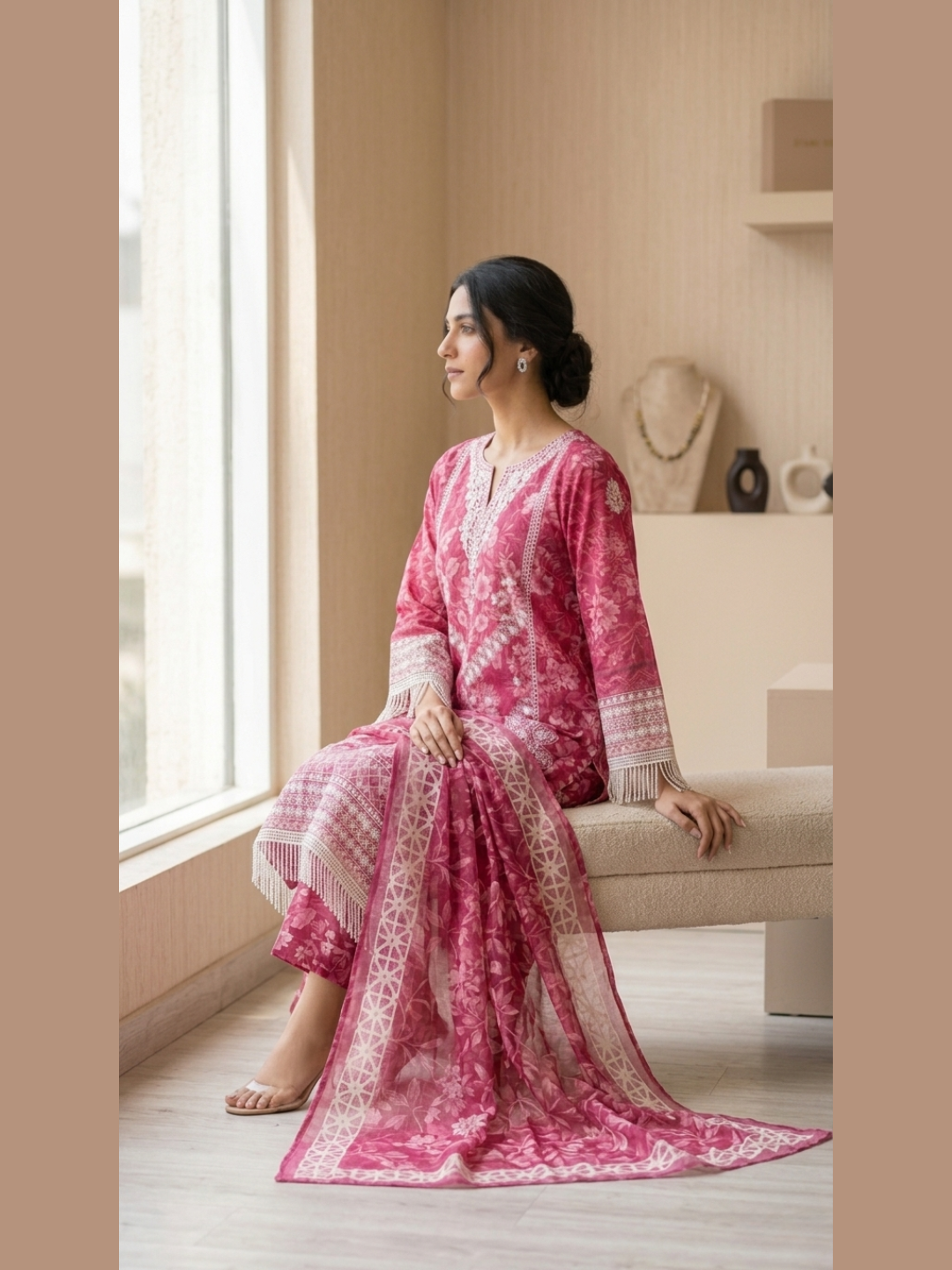 Fuchsia Garden – Floral Print & Fringe Lace 3-Piece Suite