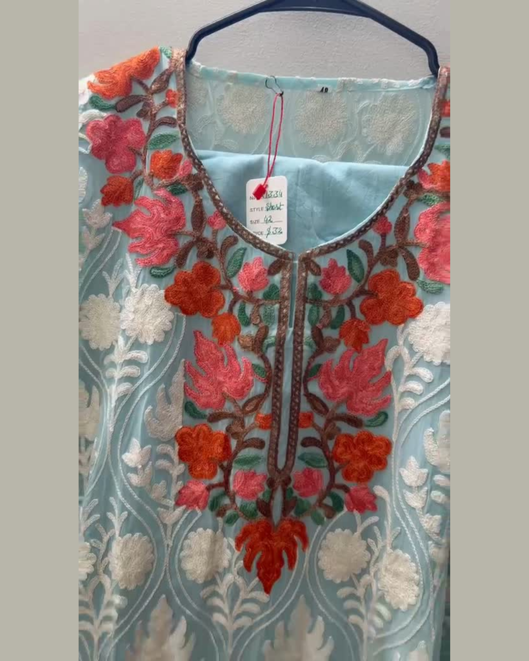 Kashmir Collection Sky Blue Embroidered Georgette Kurti | Abloom USA