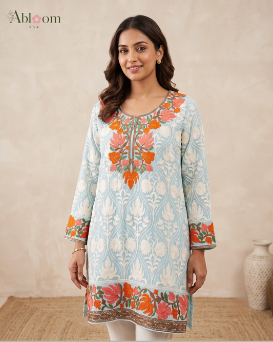 Kashmir Collection Sky Blue Embroidered Georgette Kurti | Abloom USA